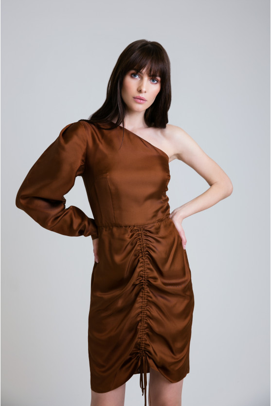 Платье шелковое коричневое с одним рукавом